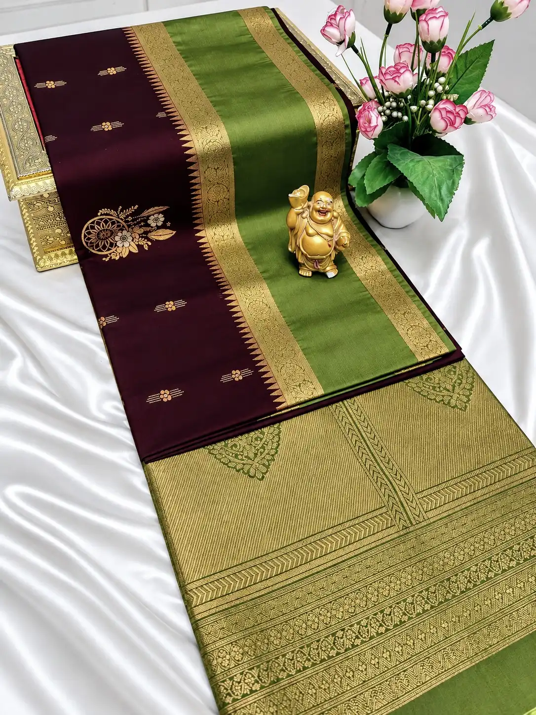 Burgundy Green Grid Jari Pallu Semi Kanchipuram Silk Saree